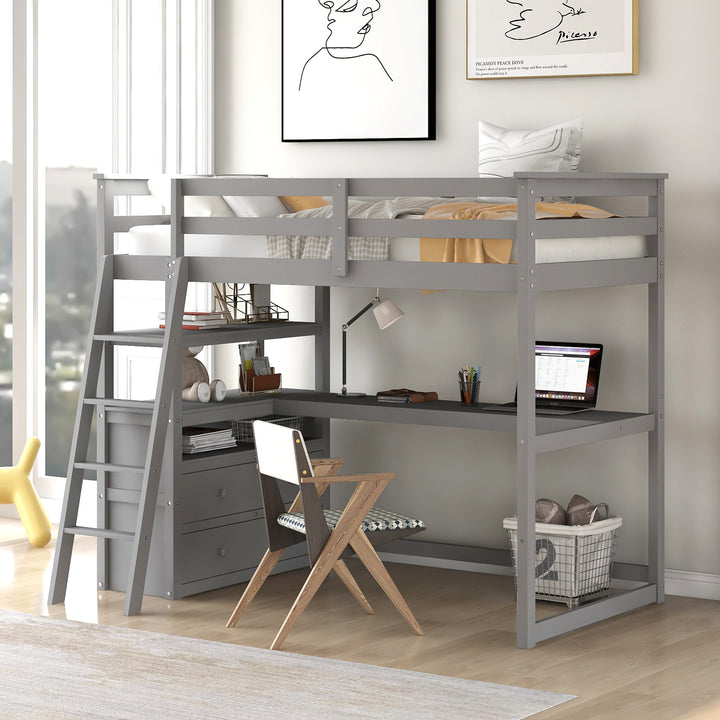 Twin Size Loft Bed with Desk and Shelves,  Two Built-in Drawers