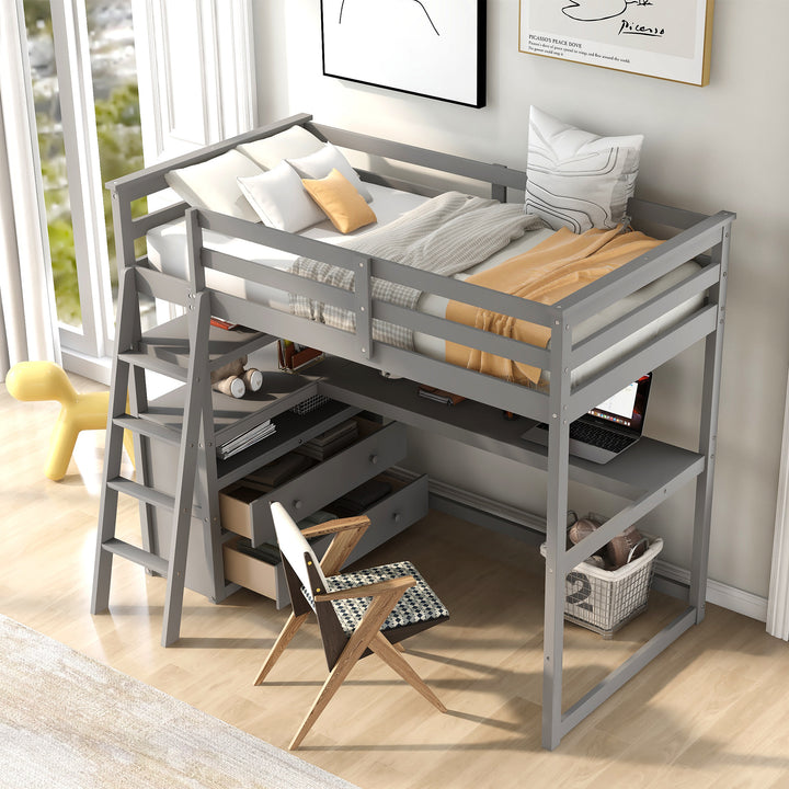 Twin Size Loft Bed with Desk and Shelves,  Two Built-in Drawers