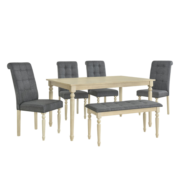 6 Piece Dining Table set with Bench, Wooden Kitchen Table Set with 4 Padded Dining Chairs