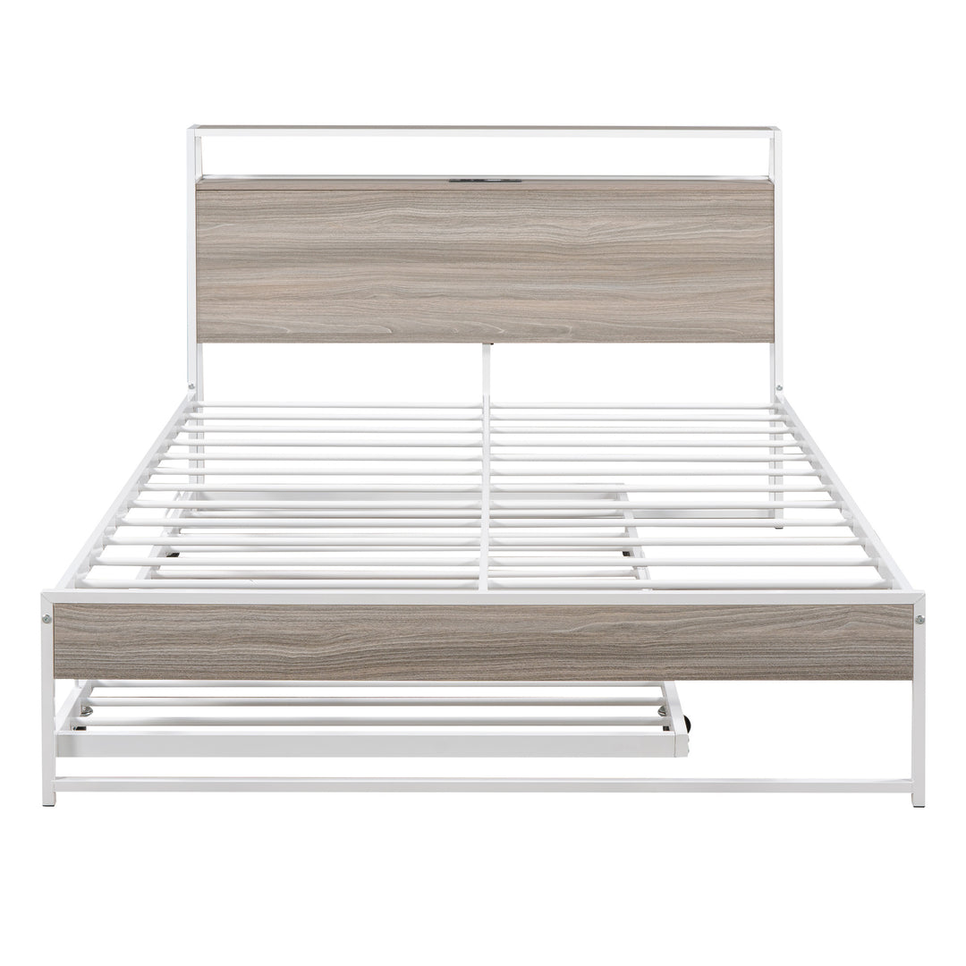 Full Size Metal Platform Bed Frame with Trundle; USB Ports and Slat Support, No Box Spring Needed