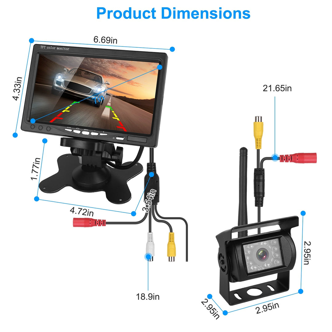 Wireless Backup Camera System Vehicle Rear View Monitor Kit IP67 Waterproof Car Parking Reverse System with 7In Screen Night Vision 2.4G Stable Signal for Car Trunk Van SUV