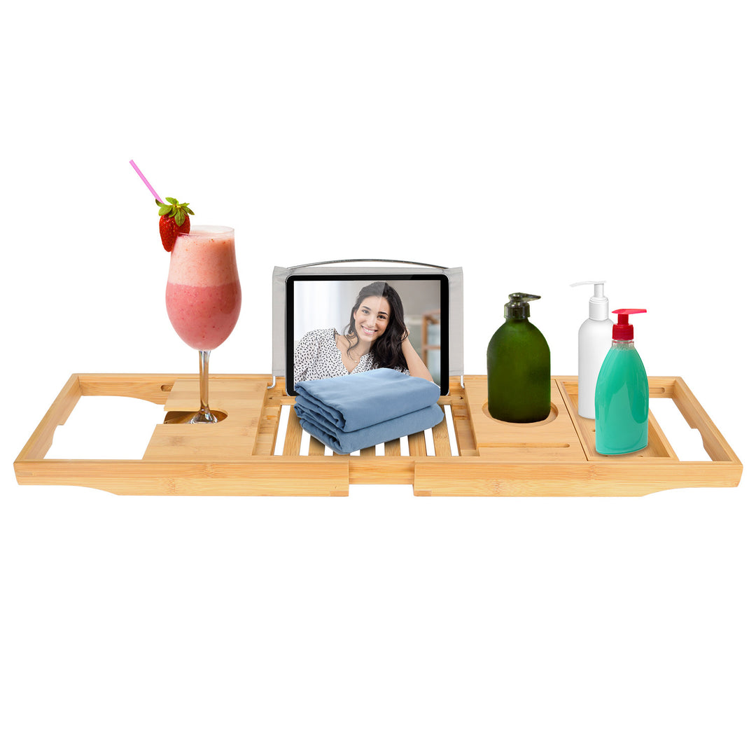 Bathtub Caddy Tray Crafted Bamboo Bath Tray Table Extendable Reading Rack Tablet Phone Holder