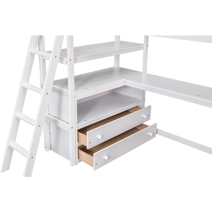 Twin Size Loft Bed with Desk and Shelves,  Two Built-in Drawers