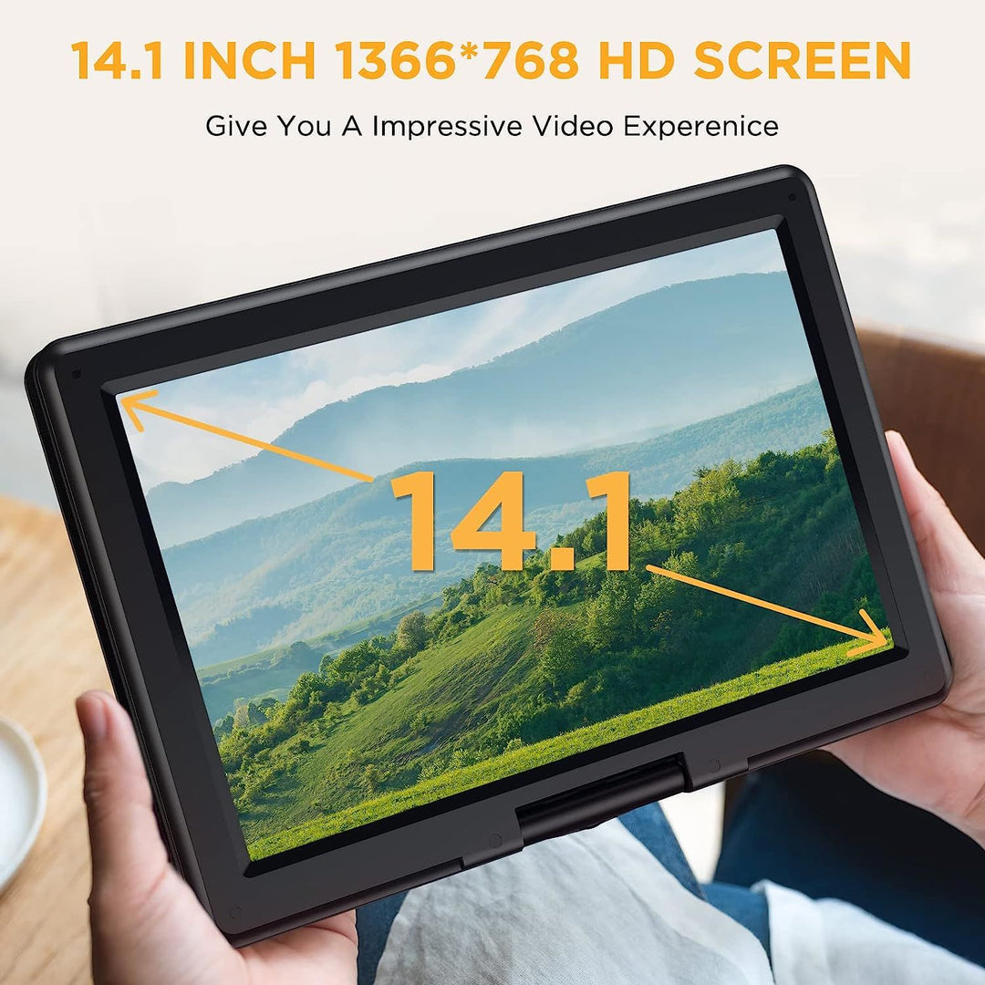 DBPOWER 16.9" Portable DVD Player with 14.1" HD Swivel Large Screen, Support DVD/USB/SD Card and Multiple Disc Formats, 6 Hrs 5000mAH Rechargeable Battery, Sync TV/Projector, High Volume Speaker