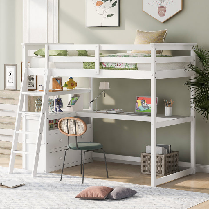 Twin Size Loft Bed with Desk and Shelves,  Two Built-in Drawers