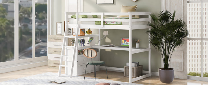 Twin Size Loft Bed with Desk and Shelves,  Two Built-in Drawers