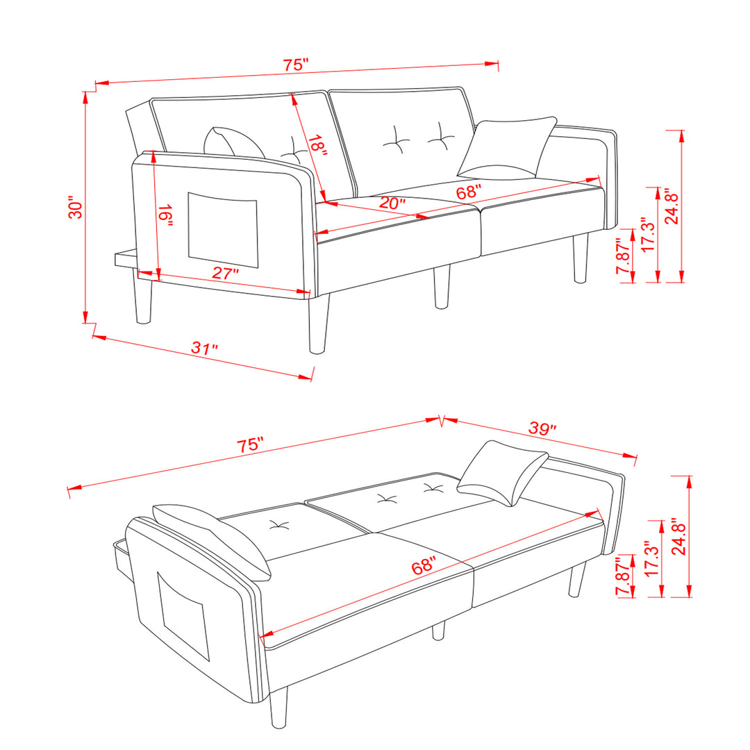 Convertible Sofa Bed with Wood Legs in Cotton Linen Fabric