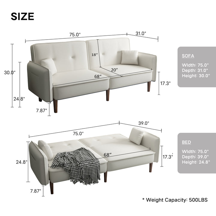 Convertible Sofa Bed with Wood Legs in Cotton Linen Fabric