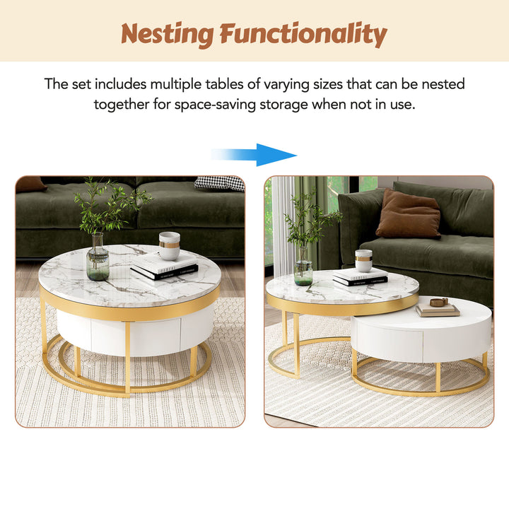 Modern Round Nesting Coffee Table with Drawers in White