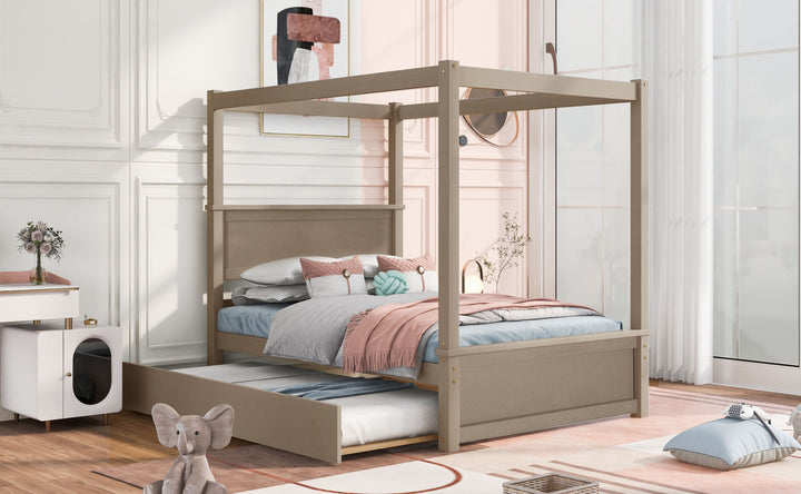 Wood Canopy Bed with Trundle Bed Full Size Canopy Platform bed With Support Slats No Box Spring Needed