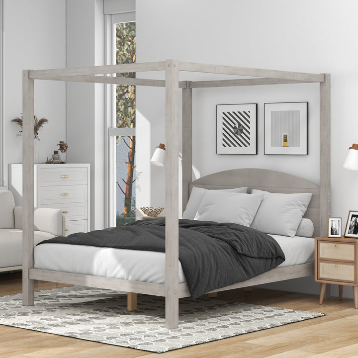 Queen Size Canopy Platform Bed with Headboard and Support Legs