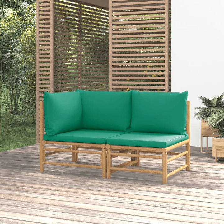 2 Piece Patio Lounge Set with Green Cushions Bamboo