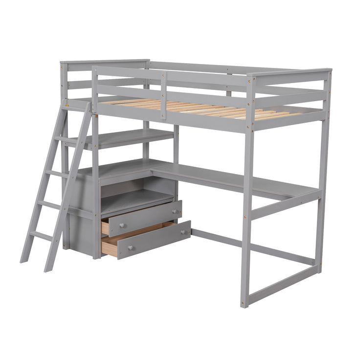 Twin Size Loft Bed with Desk and Shelves,  Two Built-in Drawers