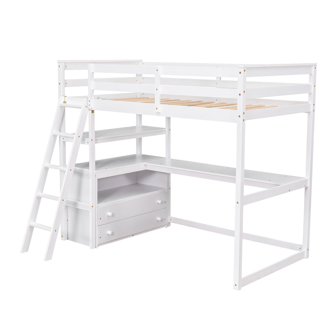 Twin Size Loft Bed with Desk and Shelves,  Two Built-in Drawers