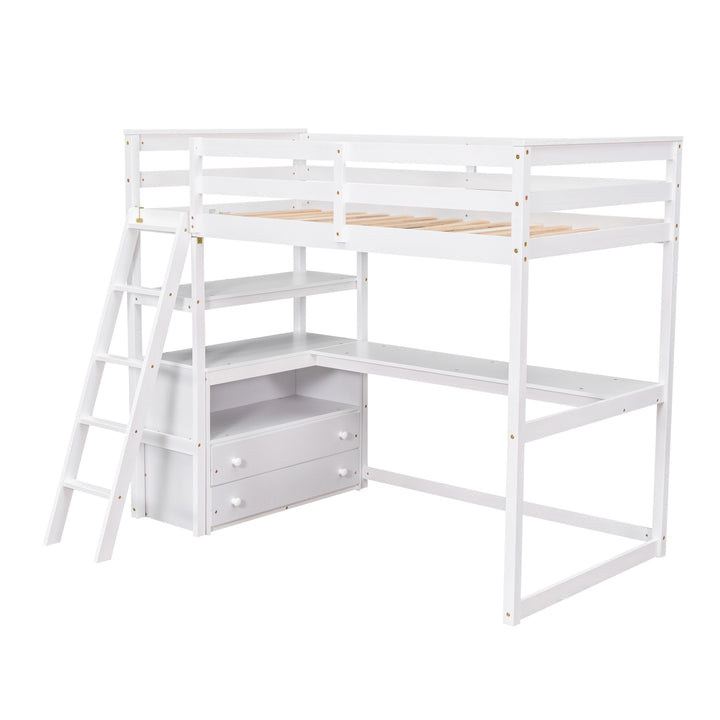 Twin Size Loft Bed with Desk and Shelves,  Two Built-in Drawers