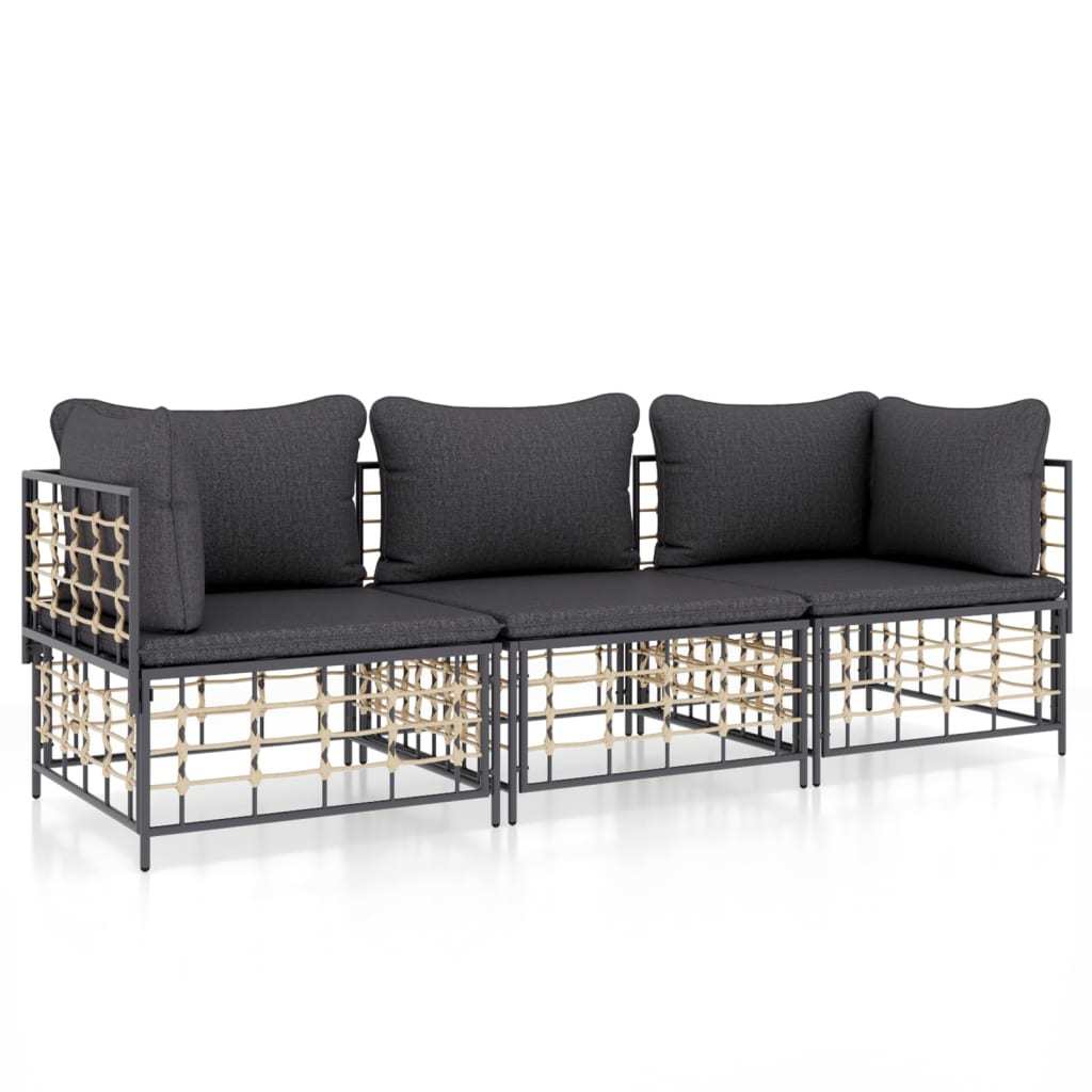 3 Piece Patio Lounge Set with Cushions Anthracite Poly Rattan