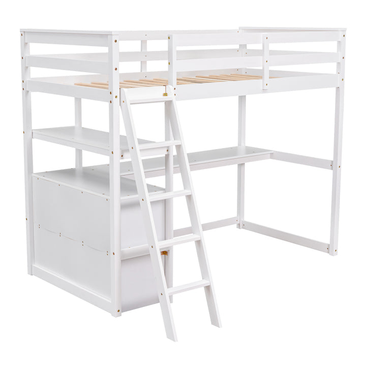 Twin Size Loft Bed with Desk and Shelves,  Two Built-in Drawers