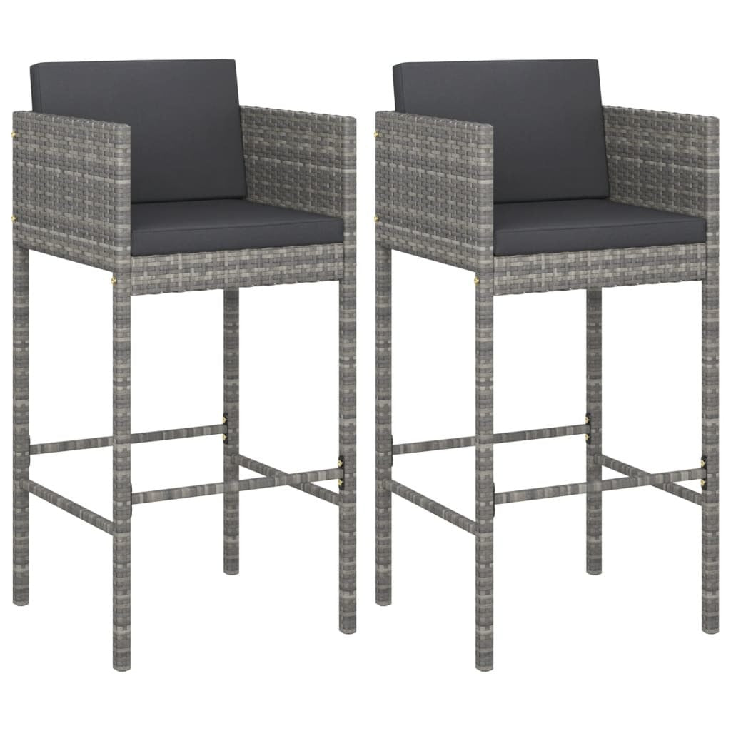 Bar Stools 2 pcs with Cushions Gray Poly Rattan