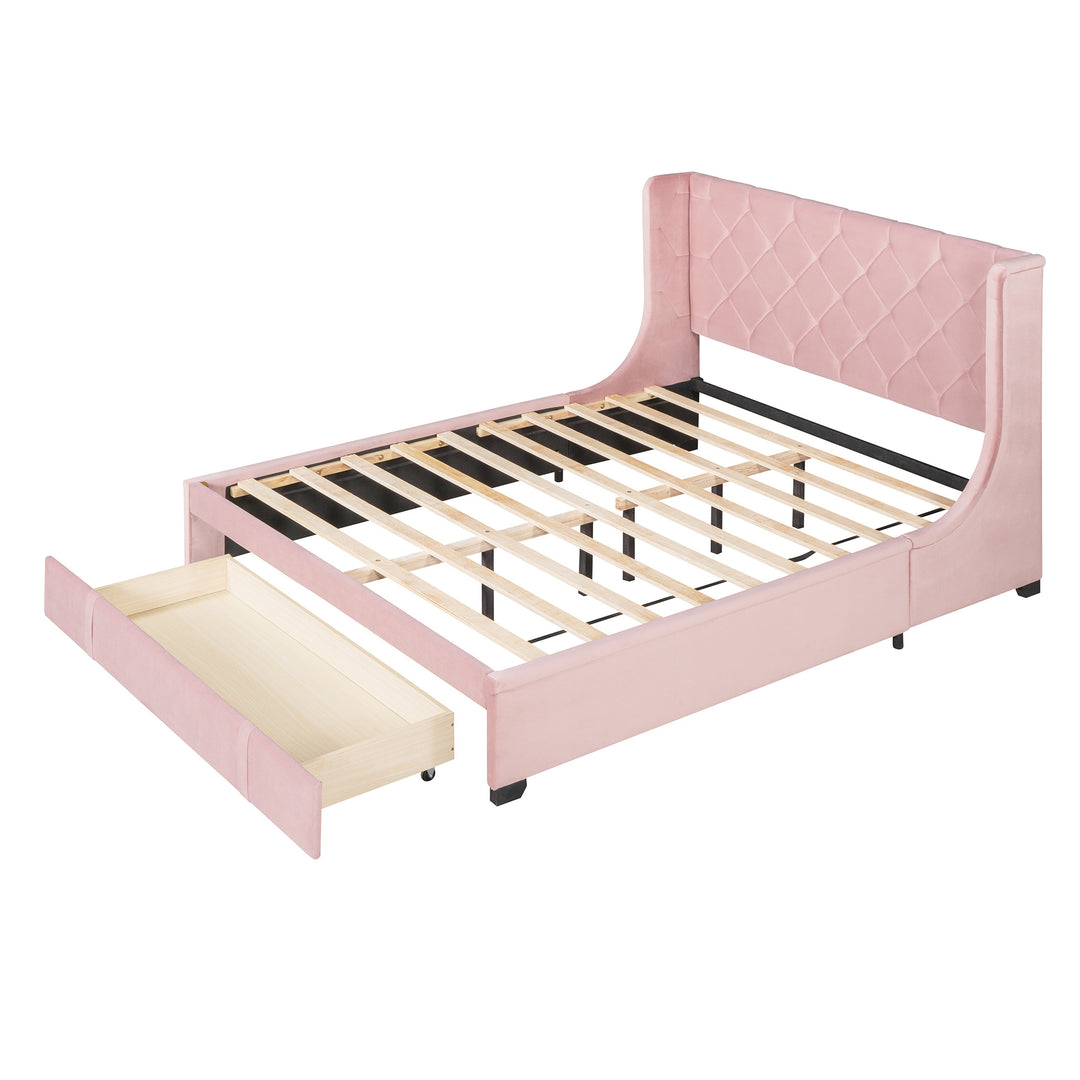 Queen Size Storage Bed Velvet Upholstered Platform Bed with Wingback Headboard and a Big Drawer