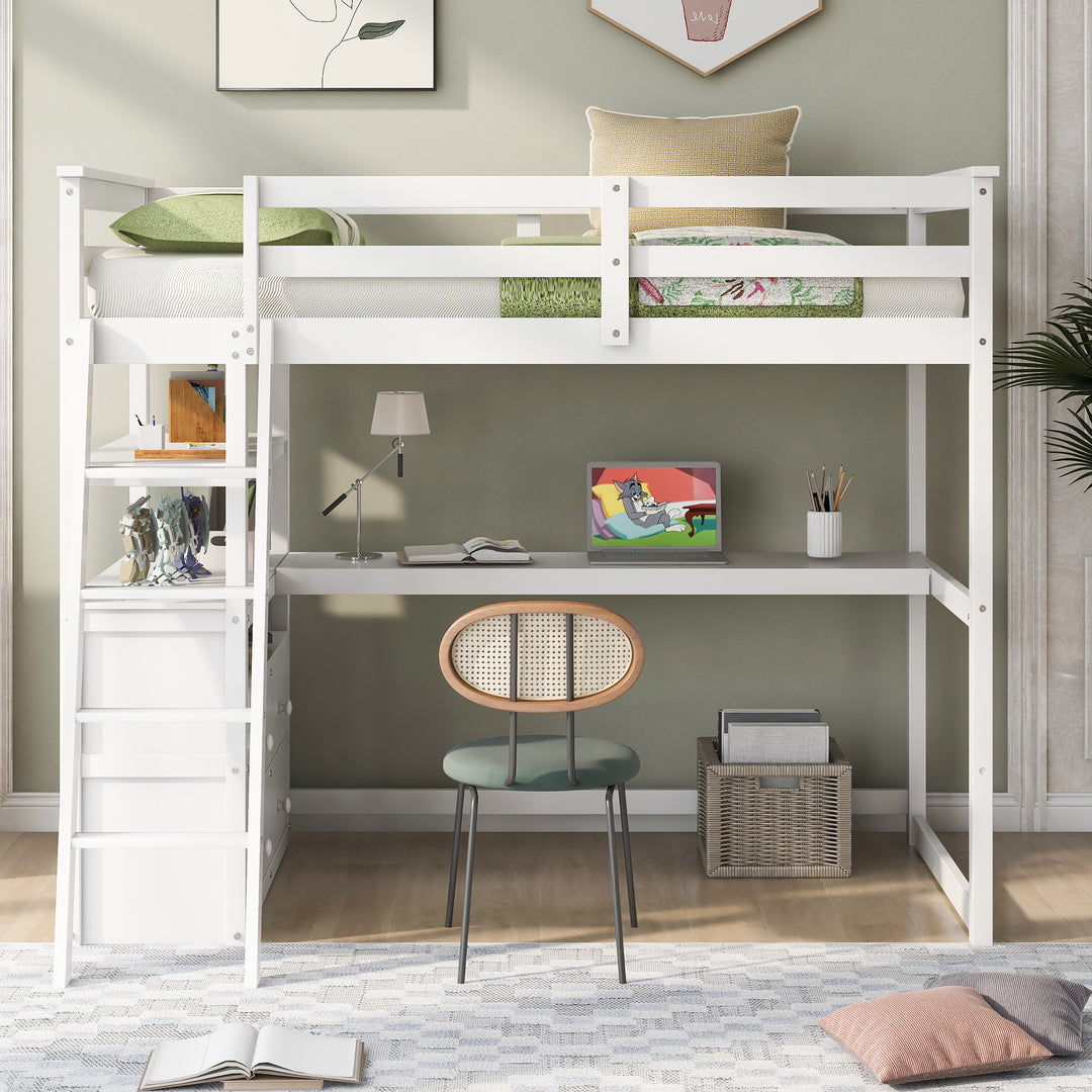 Twin Size Loft Bed with Desk and Shelves,  Two Built-in Drawers