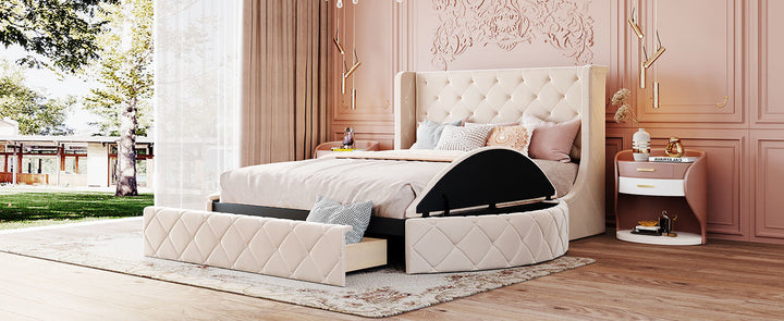 Upholstered Platform Bed Queen Size Storage Velvet Bed with Wingback Headboard and 1 Big Drawer 2 Side Storage Stool