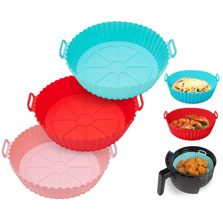 3Pcs Reusable Foldbale Air Fryer Silicone Pot 464°F Heat Resistant Round Replacement of Parchment Liners 3 Food Grade Baking Basket Pans for 4+Quart Air Fryer Oven