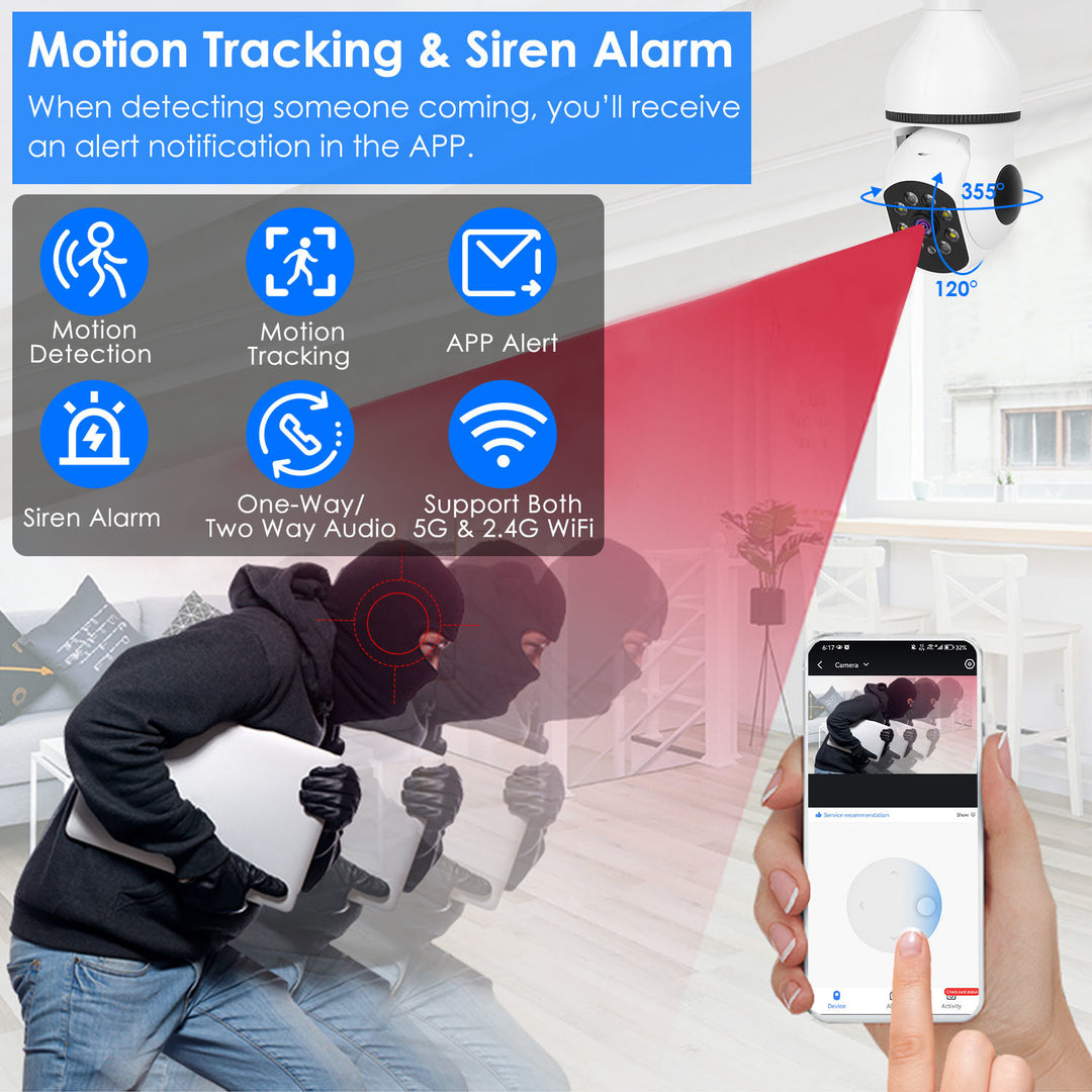 E27 WiFi Bulb Camera 1080P FHD WiFi IP Pan Tilt Security Surveillance Camera with Two-Way Audio Full Color Night Vision Flood Light Motion Tracking Siren Function APP Control