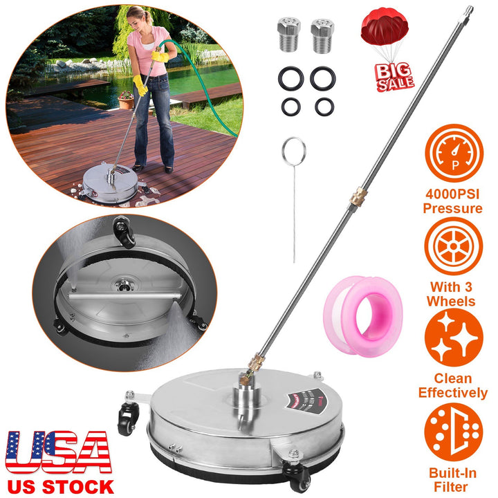 15in High Pressure Washer Flat Surface Cleaner 4000PSI Stainless Steel Disc Power Washer Broom with 3 Wheels 2 Washer Extension Wands 2 Replacement Nozzles