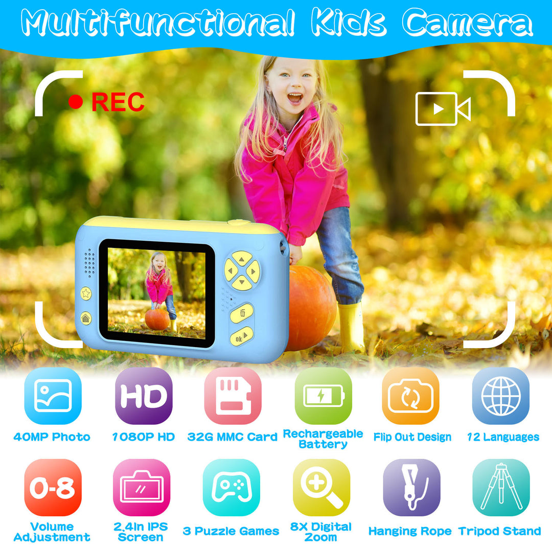 Kids Digital Camera with Flip Lens Children Video Camcorder Christmas Toy Birthday Gifts with Tripod 2.4in Screen 32G MMC Card for 3-10 Year Old Boys Girls