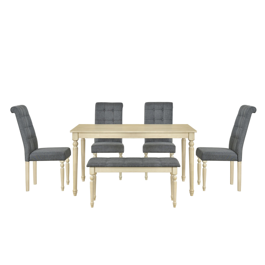 6 Piece Dining Table set with Bench, Wooden Kitchen Table Set with 4 Padded Dining Chairs