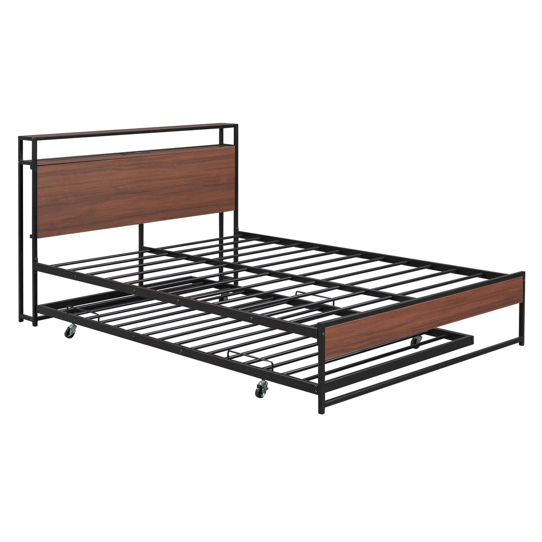 Full Size Metal Platform Bed Frame with Trundle, USB Ports and Slat Support, No Box Spring Needed Black