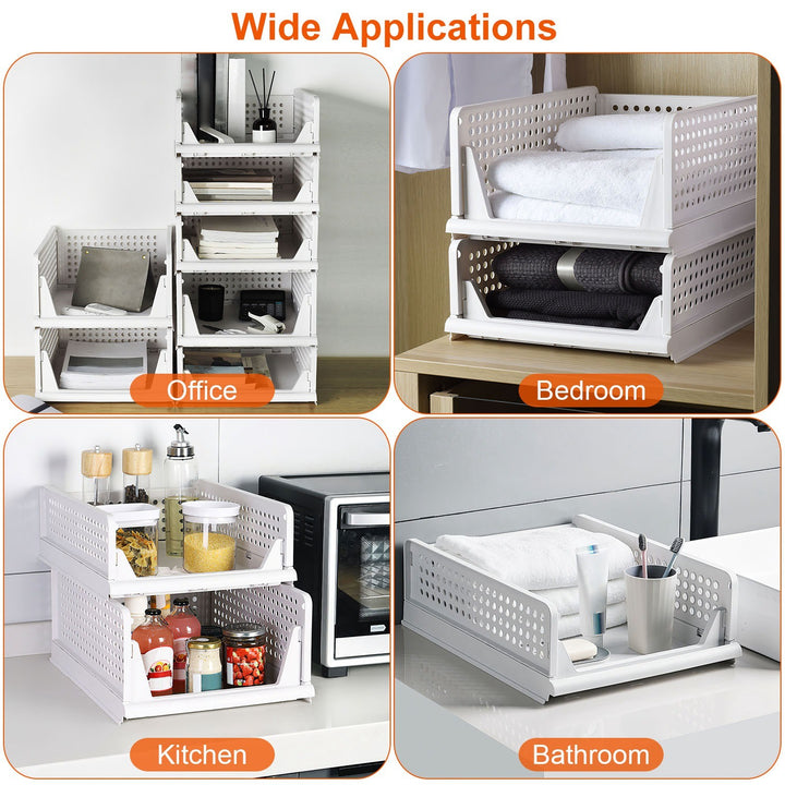 4 Packs Plastic Storage Box Closet Organizer Foldable Storage Bin Stackable Drawer with Slide Rail Push-Pull Storage Basket for Living Room Bedroom Wardrobe White