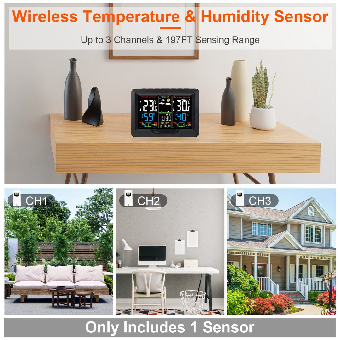 Electric Weather Station Snooze Alarm Clock Wireless Sensor Indoor Outdoor Thermometer Humidity Weather Forecast Temperature Frost Alert with Backlight 7 Languages Switchable