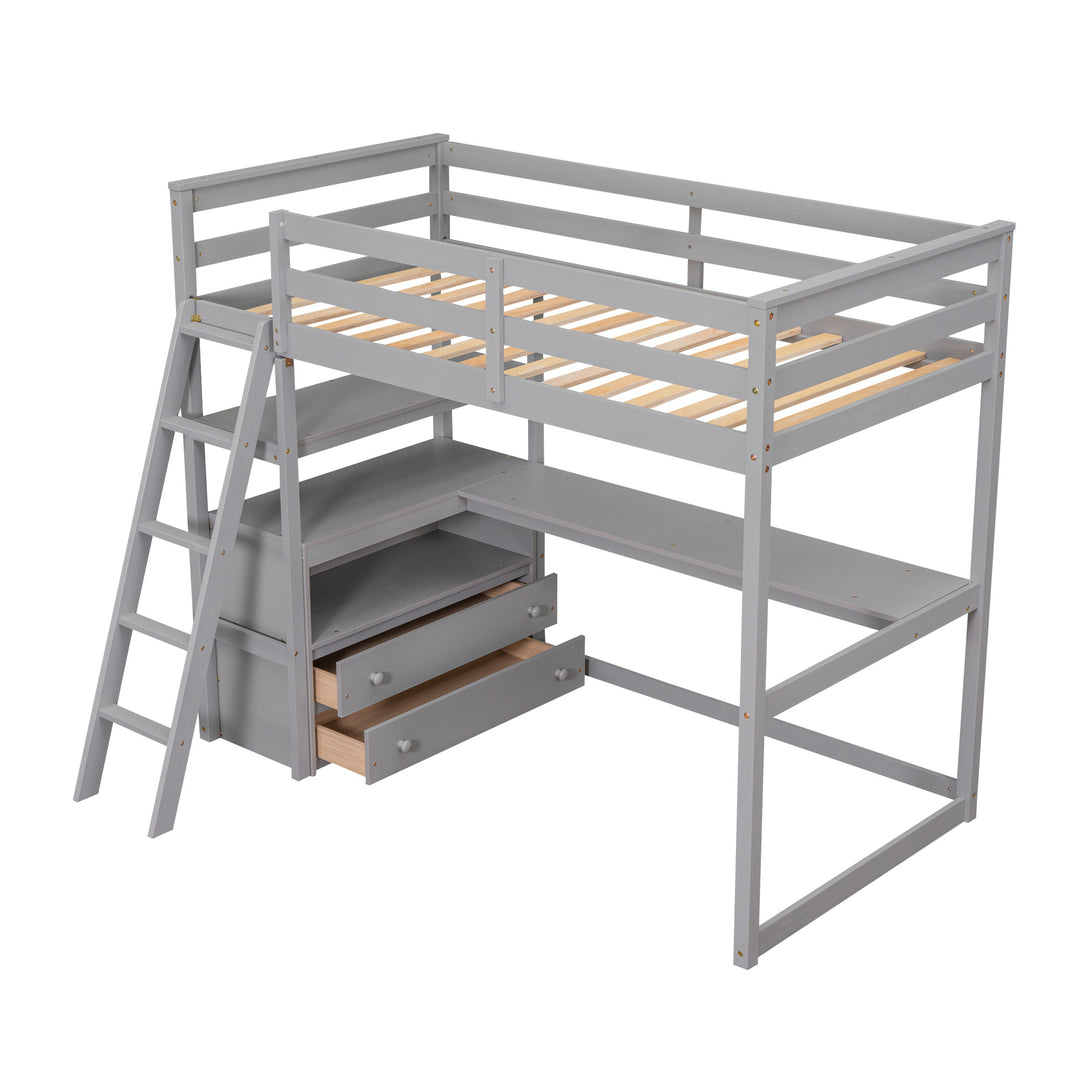 Twin Size Loft Bed with Desk and Shelves,  Two Built-in Drawers