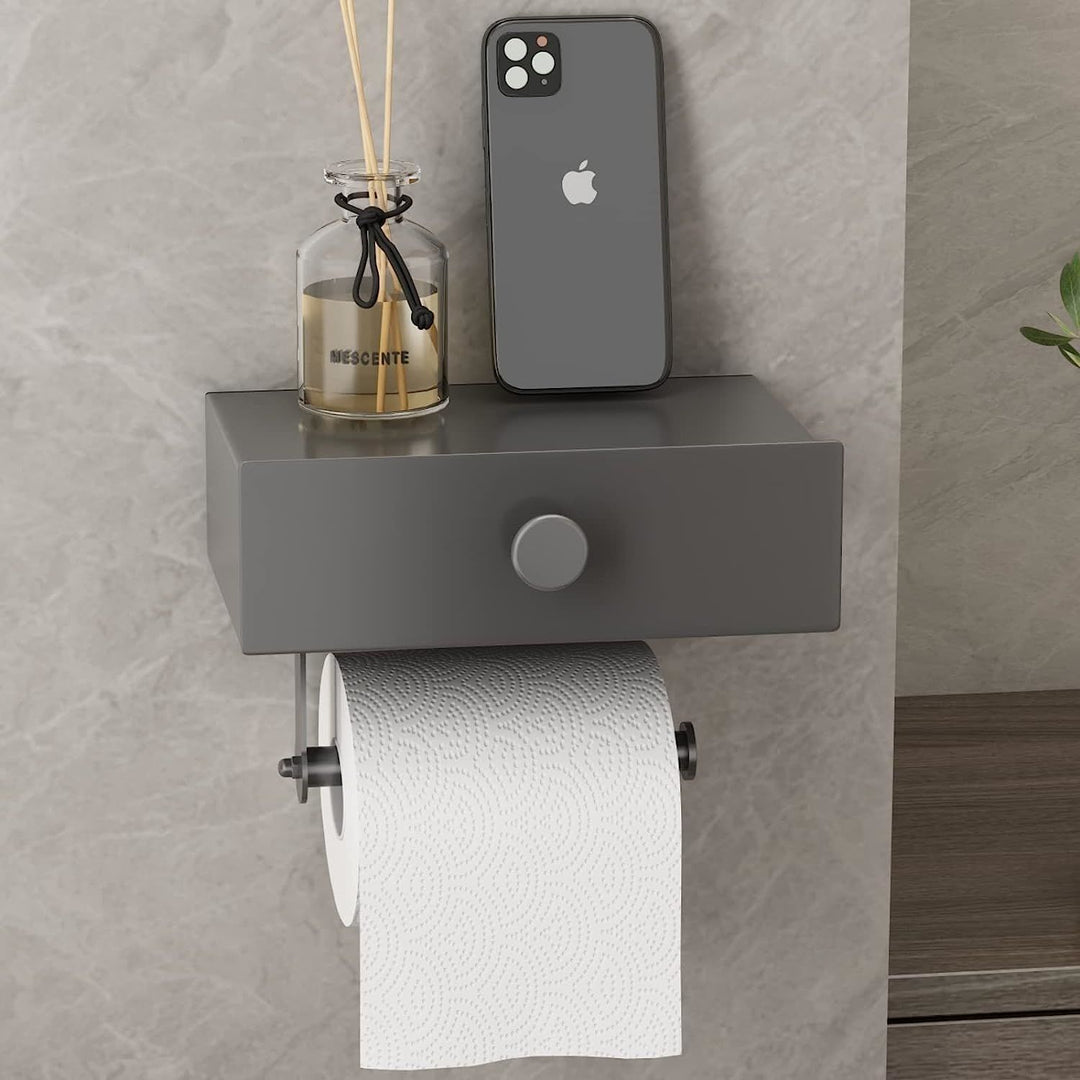 Toilet Paper Holder with Shelf Black Wipes Dispenser for Bathroom Stainless Steel Toilet Paper Holder with Storage Drawer Adhesive Wall Mount Small Bathroom
