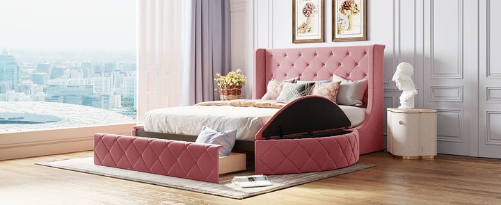 Upholstered Platform Bed Queen Size Storage Velvet Bed with Wingback Headboard and 1 Big Drawer 2 Side Storage Stool
