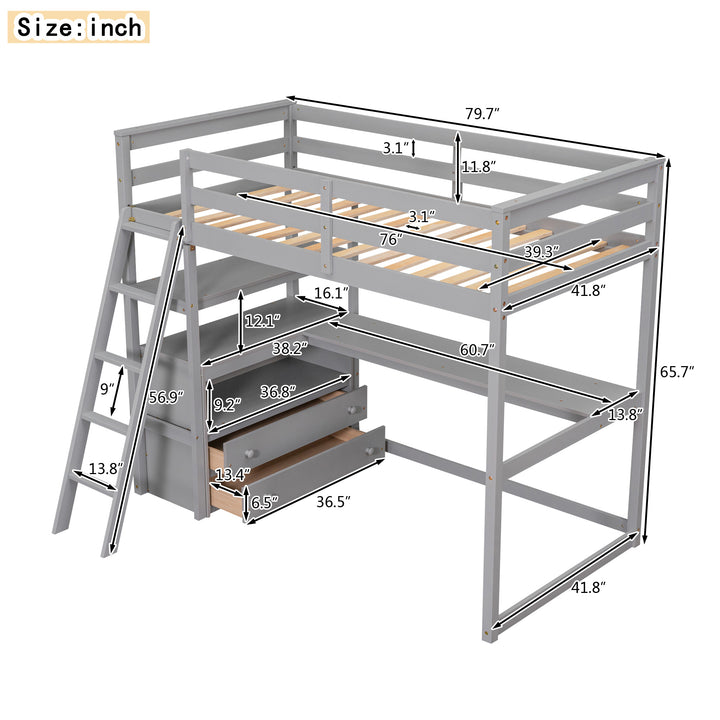 Twin Size Loft Bed with Desk and Shelves,  Two Built-in Drawers