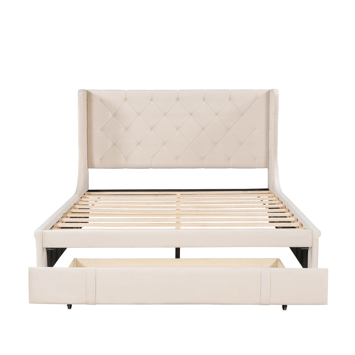 Queen Size Storage Bed Velvet Upholstered Platform Bed with Wingback Headboard and a Big Drawer