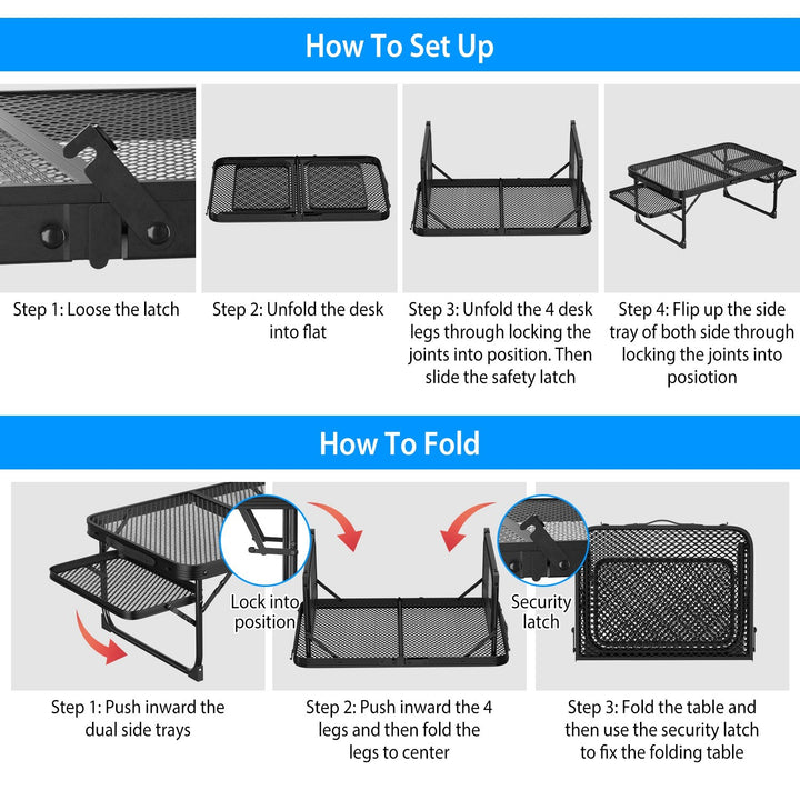 Foldable Camping Table Collapsible Picnic Aluminum Alloy Grill Stand 88LBS Max Load BBQ Table with 2 Side Trays