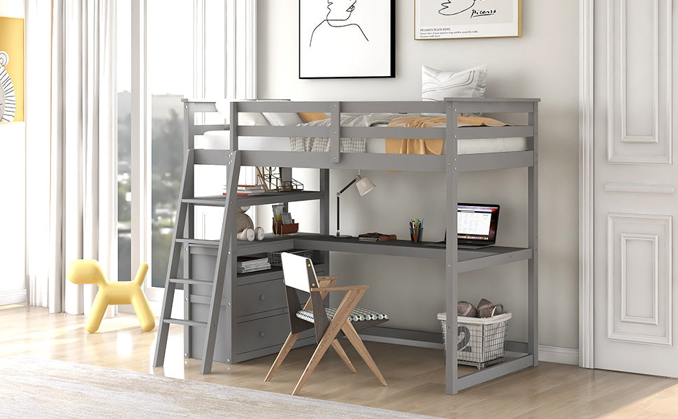 Twin Size Loft Bed with Desk and Shelves,  Two Built-in Drawers