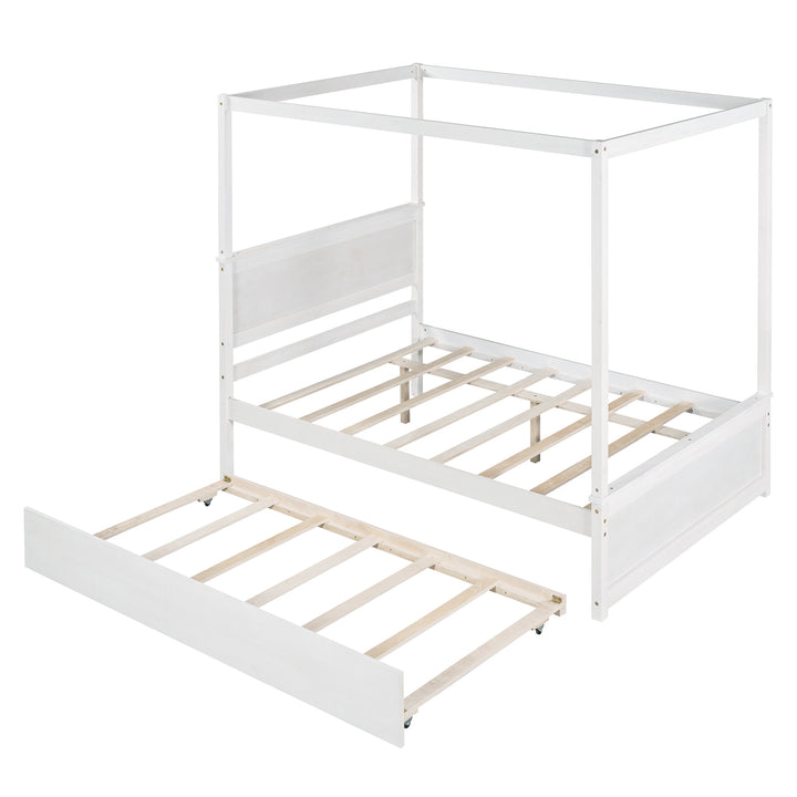 Wood Canopy Bed with Trundle Bed Full Size Canopy Platform bed With Support Slats No Box Spring Needed