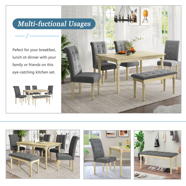 6 Piece Dining Table set with Bench, Wooden Kitchen Table Set with 4 Padded Dining Chairs