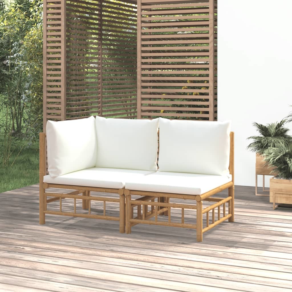 2 Piece Patio Lounge Set with Cream White Cushions Bamboo