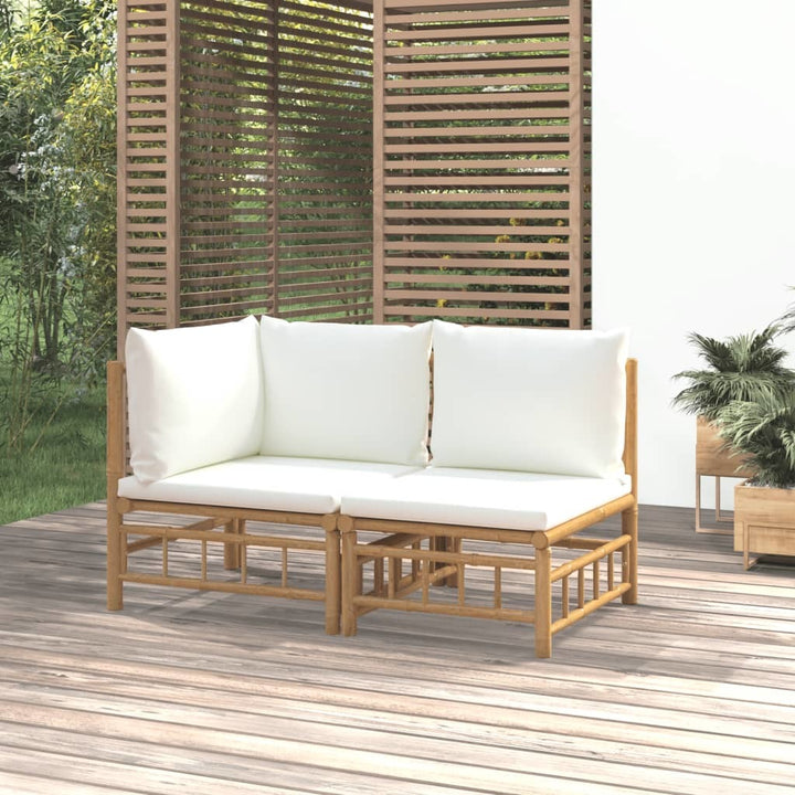 2 Piece Patio Lounge Set with Cream White Cushions Bamboo