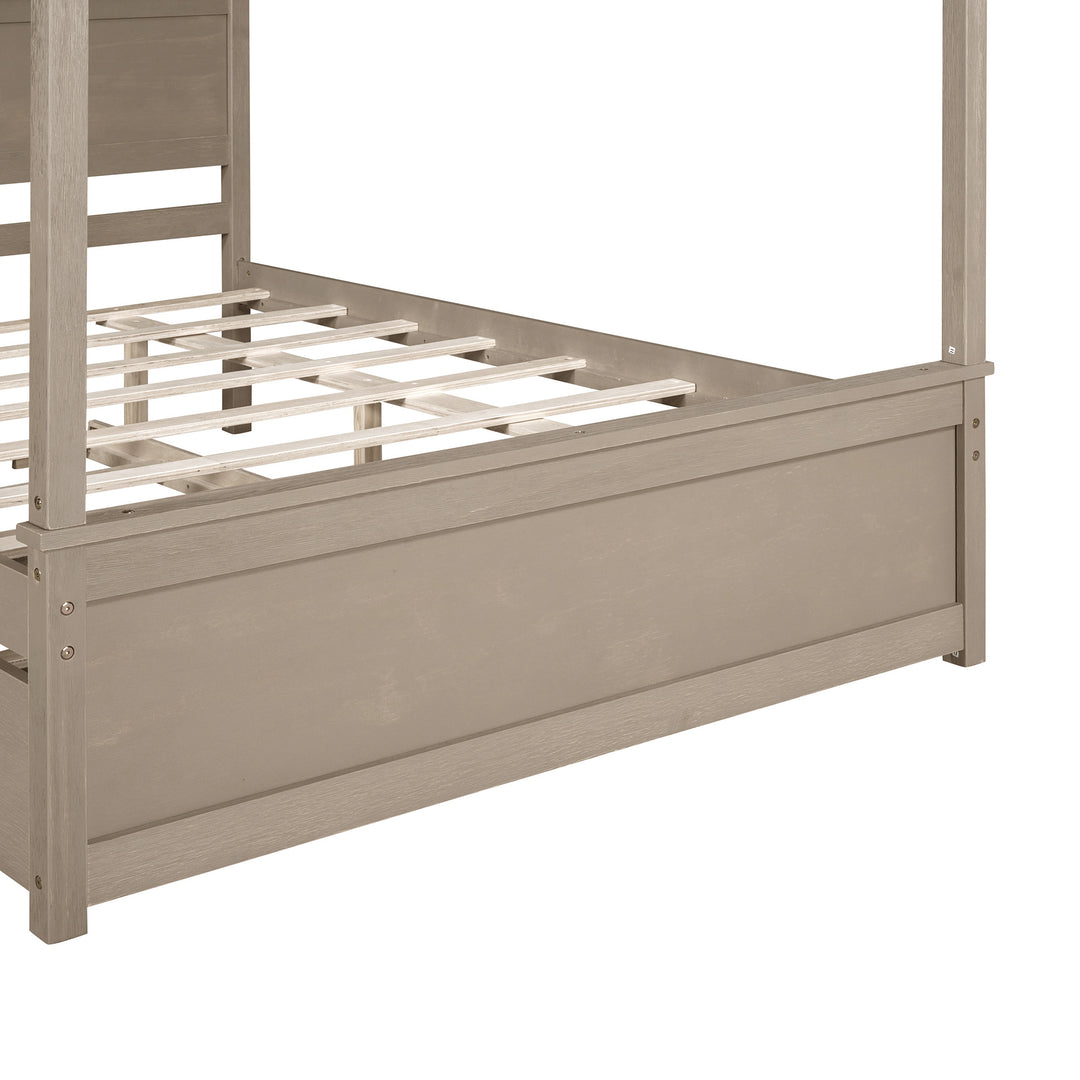 Wood Canopy Bed with Trundle Bed Full Size Canopy Platform bed With Support Slats No Box Spring Needed