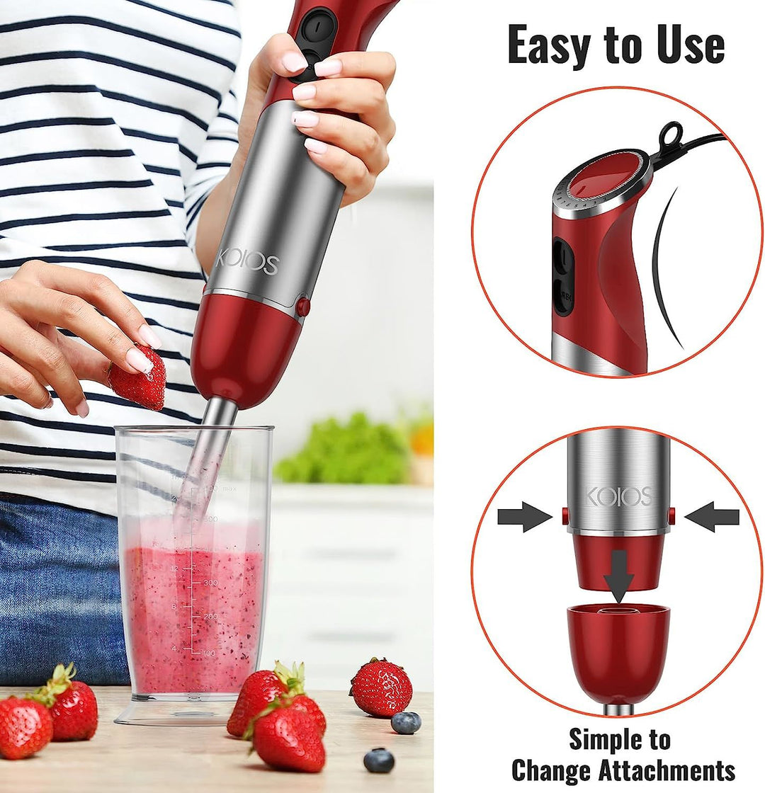 KOIOS 5-in-1 Hand Immersion Blender, 1000W 12 Speed with Turbo Mode Handheld Blender, Copper Motor Stainless Steel Blade Stick Blender, 600ml Mixing Beaker, 500ml Food Processor, Whisk, Milk Frother