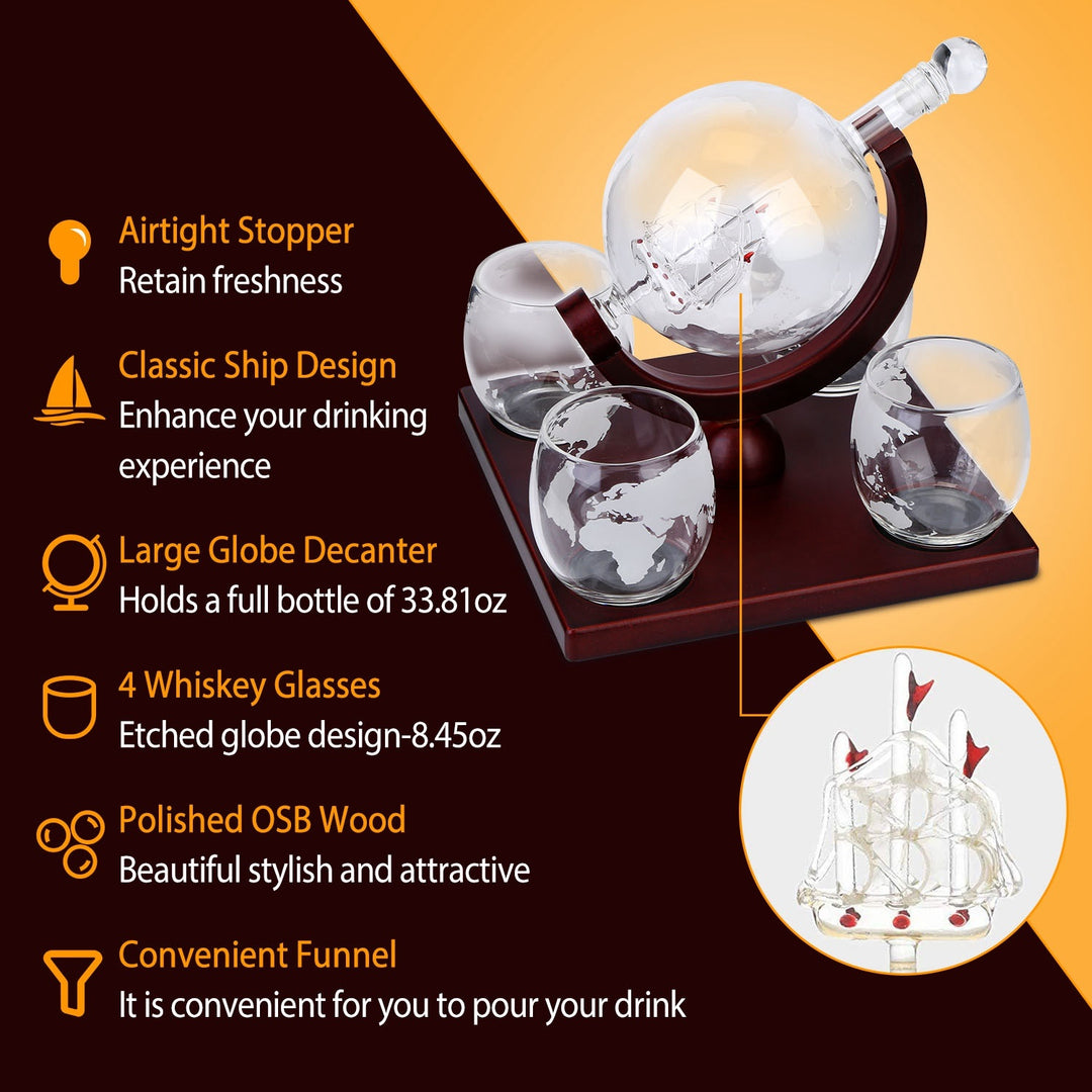 Whiskey Decanter Globe Set w/ 4Pcs 8.45OZ Etched World Whiskey Glasses Wooden Tray Perfect Gift Set