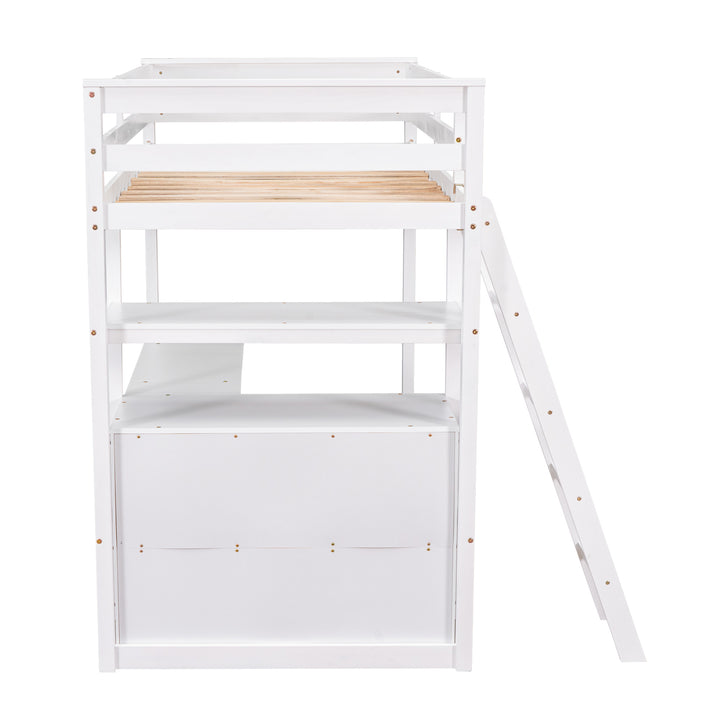 Twin Size Loft Bed with Desk and Shelves,  Two Built-in Drawers