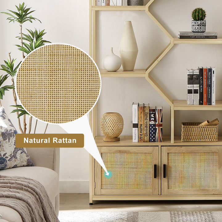 Rattan Bookshelf 5 Tiers Bookcases Storage Rack with Cabinet