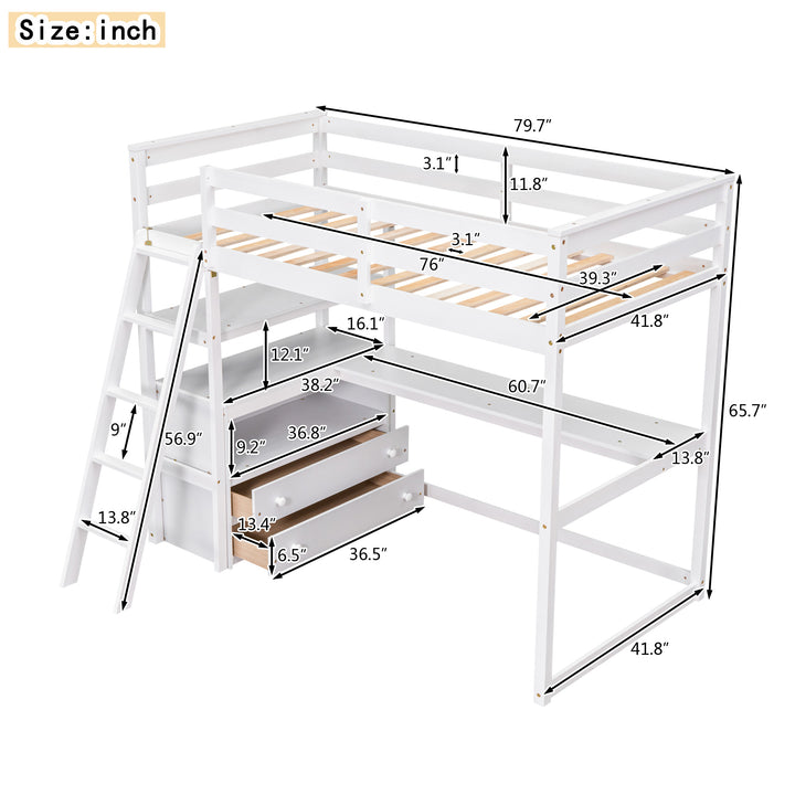 Twin Size Loft Bed with Desk and Shelves,  Two Built-in Drawers